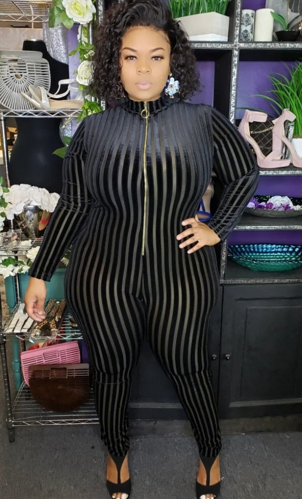 Mesh Flocked Stripped One Piece